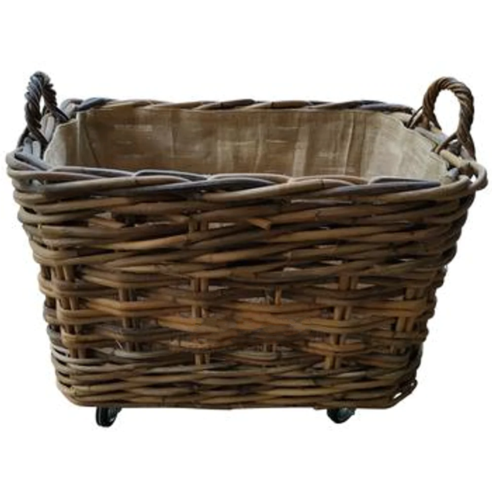 Rectangle Log Basket with Wheels and Jute Liner