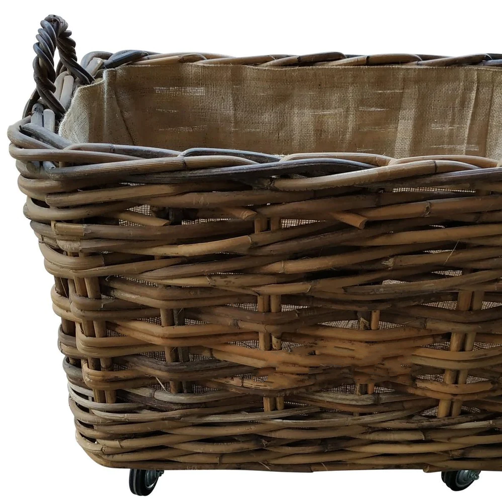 Rectangle Log Basket with Wheels and Jute Liner