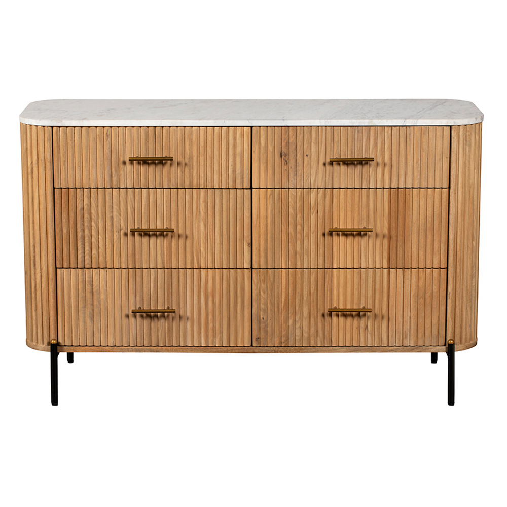 Six Drawer Reed Mango Wood and White Marble Wide Chest of Drawer