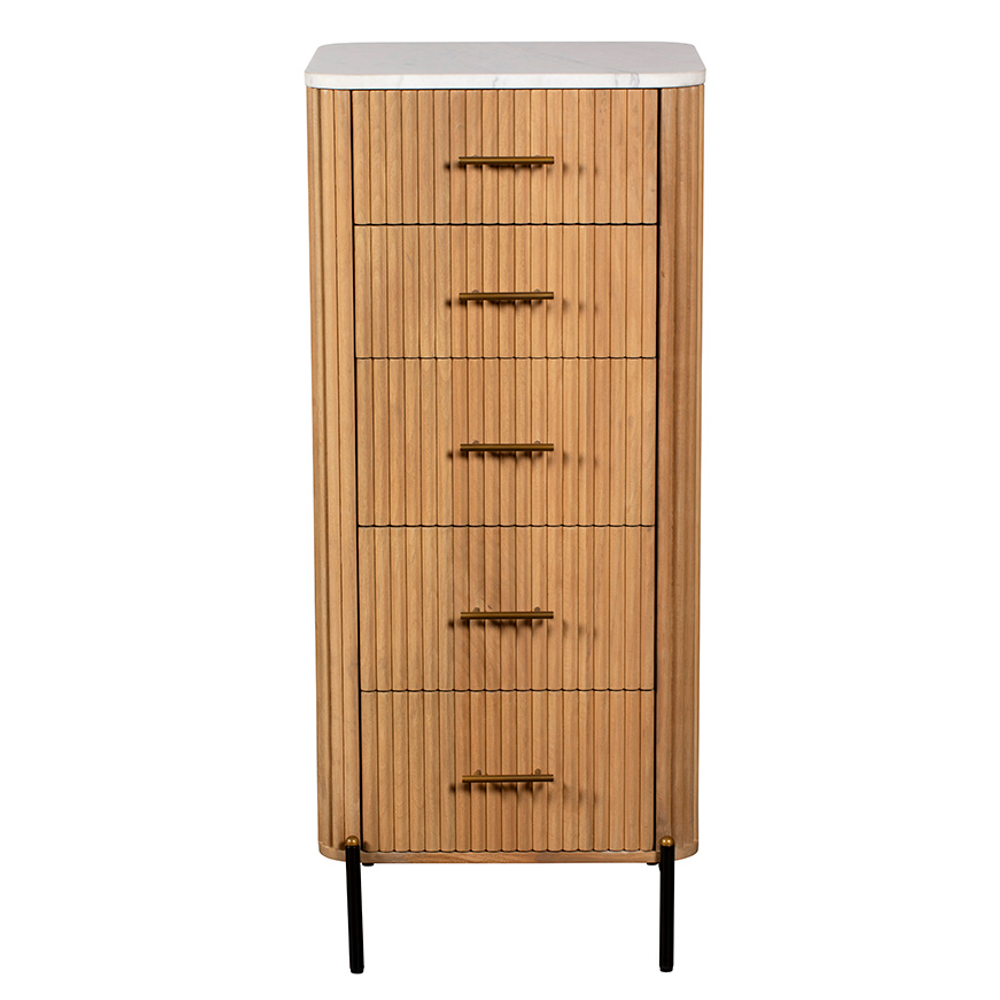 Five Drawer Reed Mango Wood and White Marble Tallboy Chest of Drawers