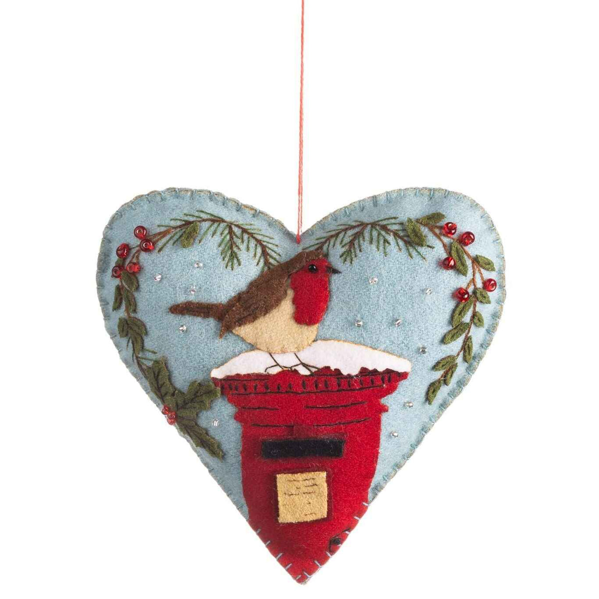 Robin on Post Box Felt Hanging Heart 14cm | Annie Mo's