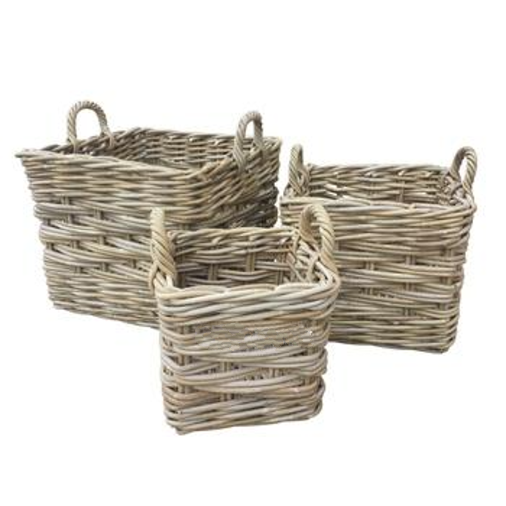 Square Rattan Log Baskets with Ear Handles - Size Choice