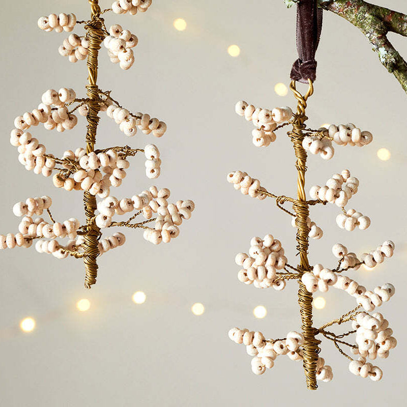 Tanu Mango Wood Beaded Baubles - Brass and Natural (Set of Three)-B