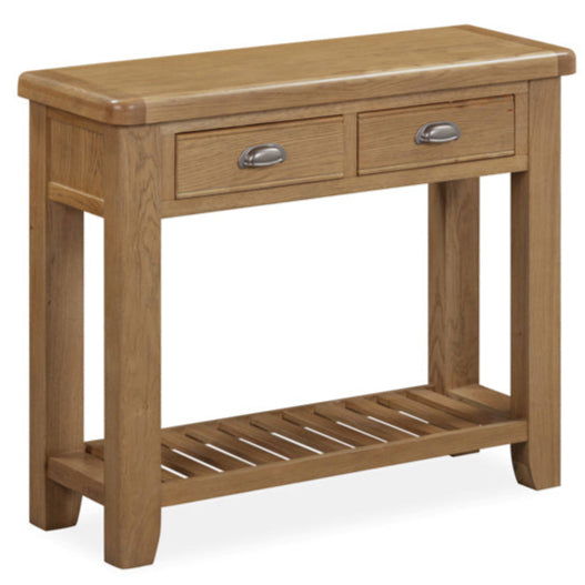 Wooden console table with two drawers on a white background