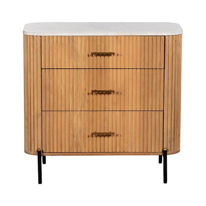 Three Drawer Reed Mango Wood and White Marble Chest of Drawers B