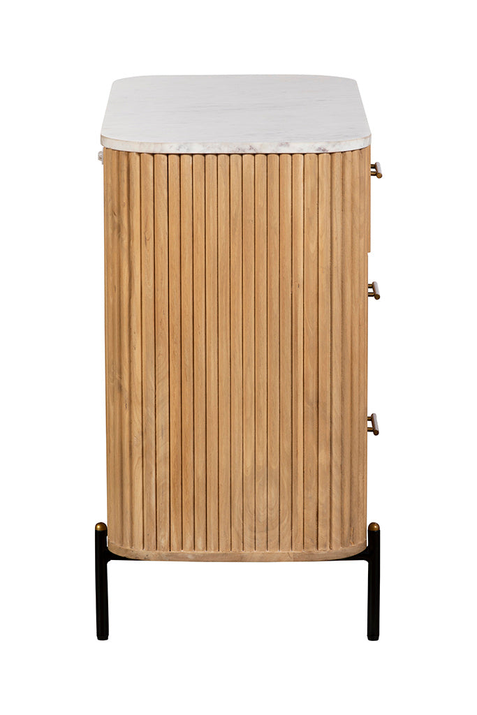 Three Drawer Reed Mango Wood and White Marble Chest of Drawers C