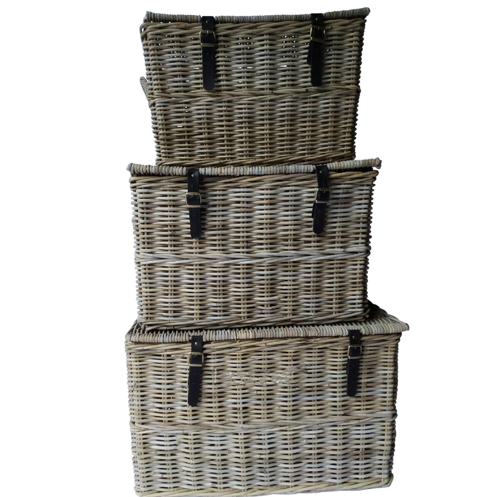 Set of Three Rectangle Baskets with Leather Straps | Annie Mo's