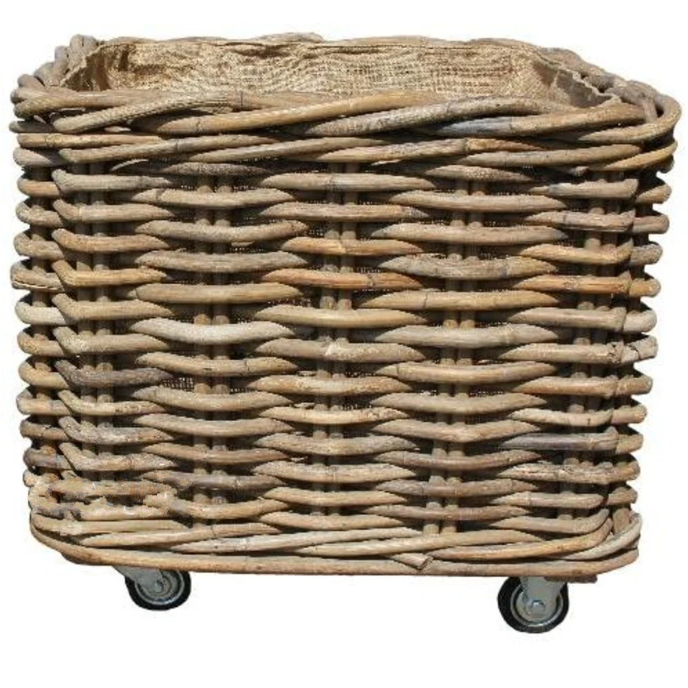 Large Square Rattan Wheeled and Lined Baskets - Size Choice