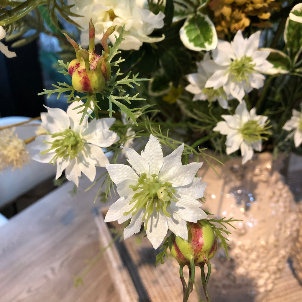 White Aquilegia Spray with Leaves 68cm E