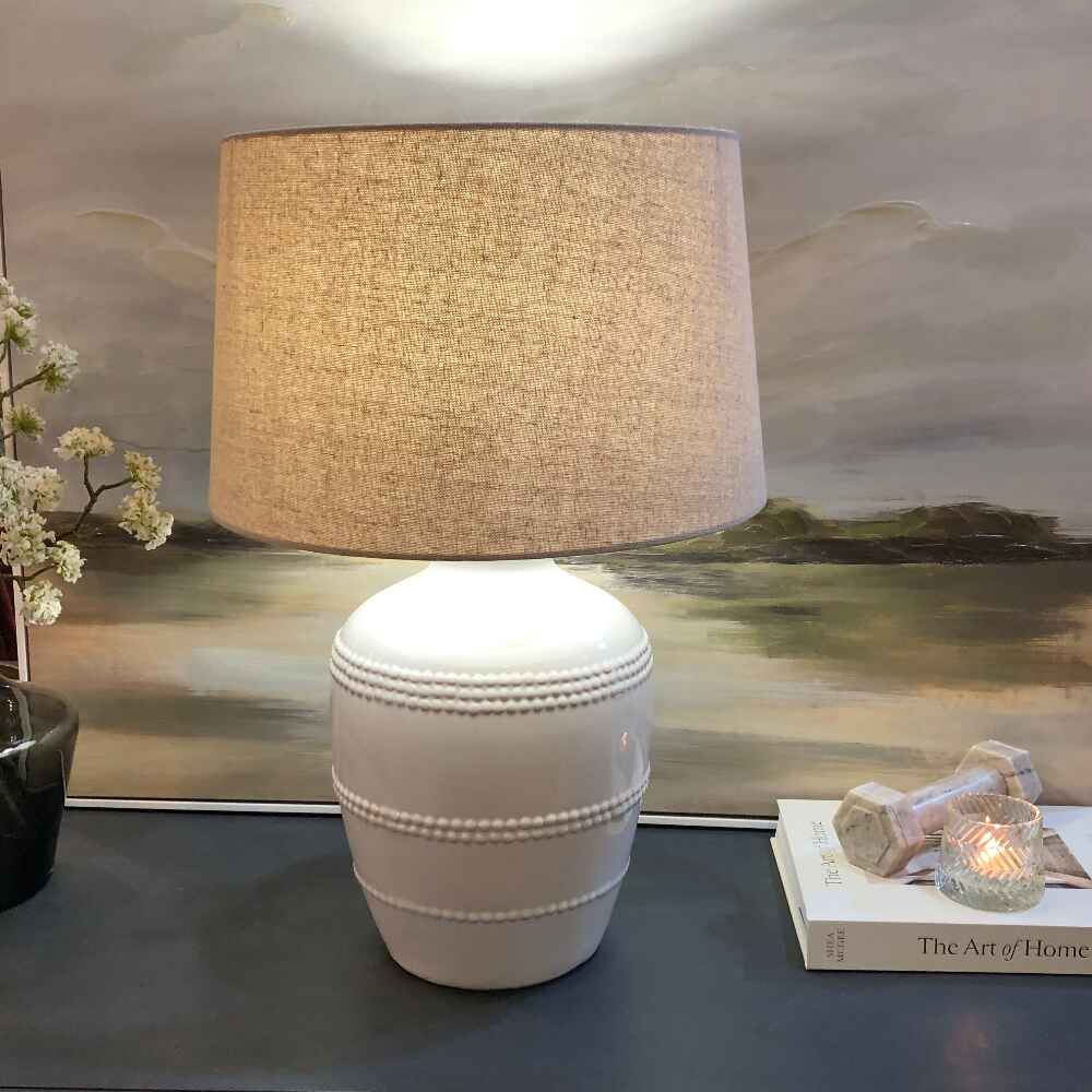 White Beaded Table Lamp with Linen Shade