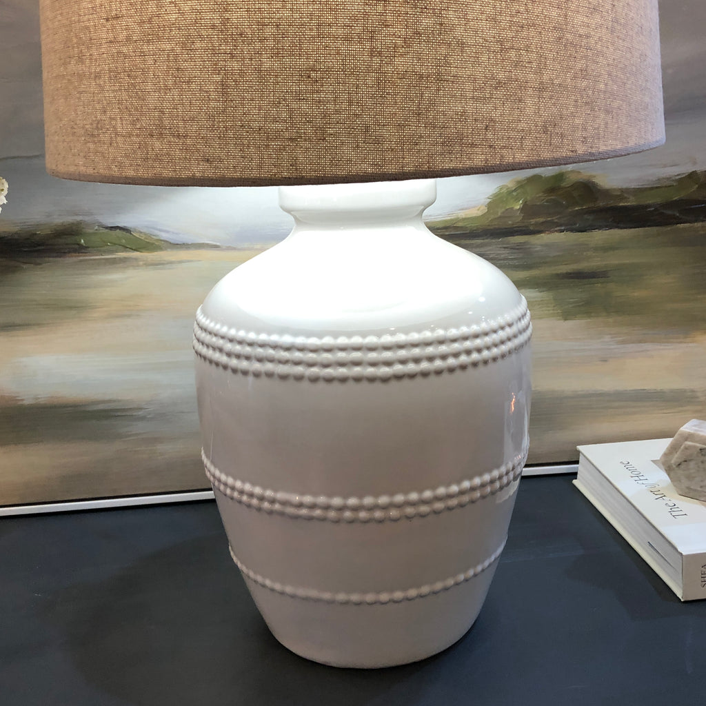 White Beaded Table Lamp with Linen Shade 62cm