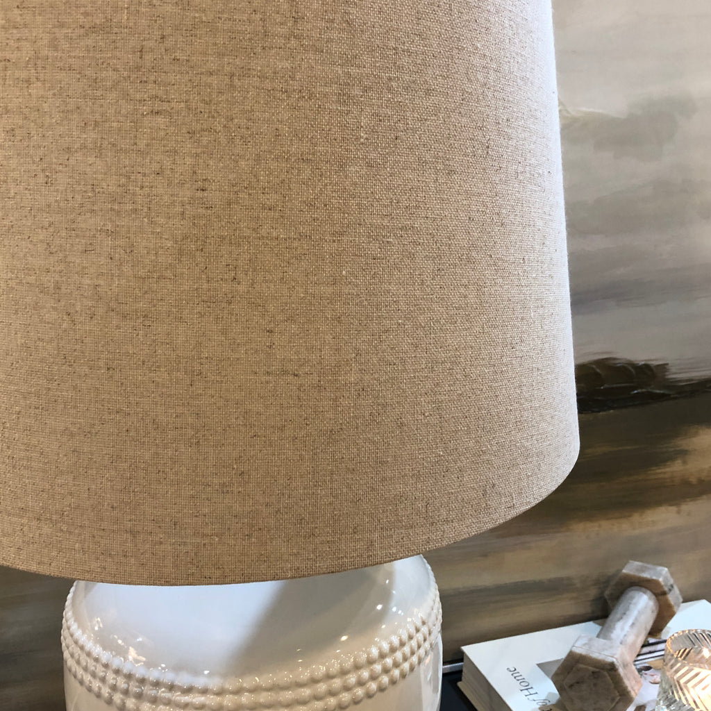 White Beaded Table Lamp with Linen Shade 62cm C