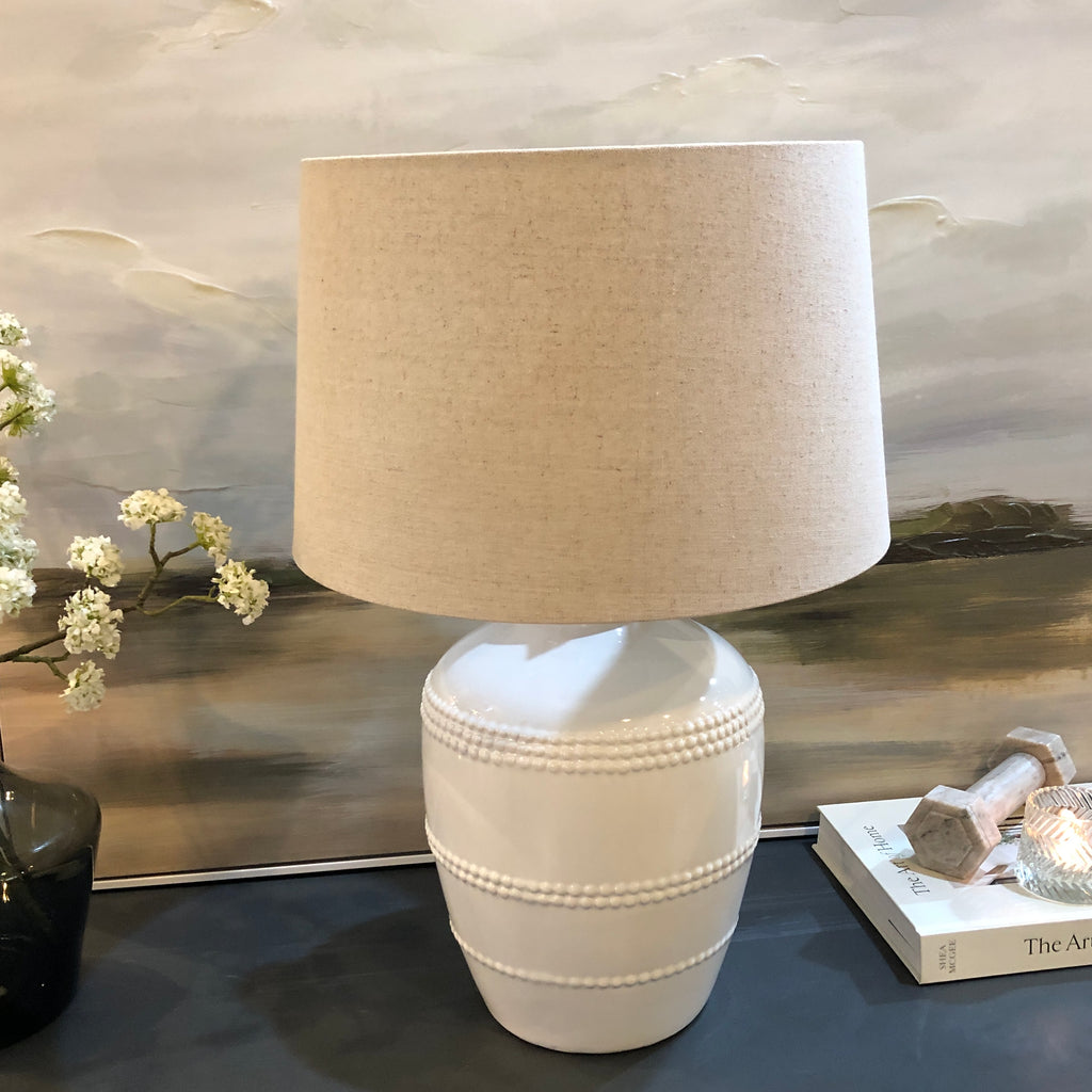 White Beaded Table Lamp with Linen Shade 62cm D
