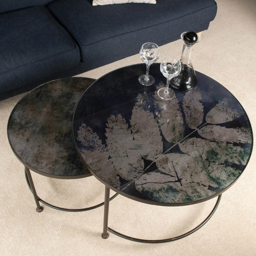 Set of Two Iron and Glass Powder Blue Nesting Tables 80cm