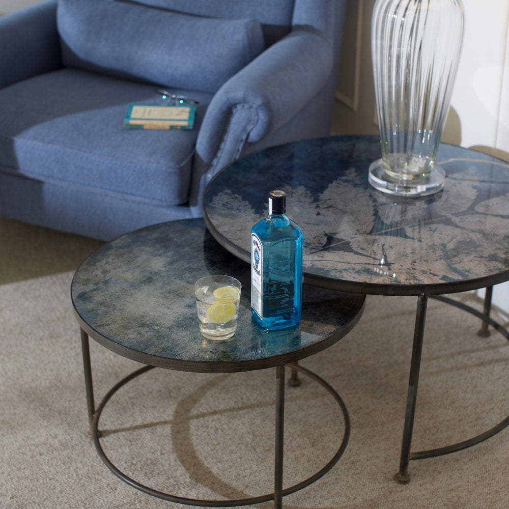 Set of Two Iron and Glass Powder Blue Nesting Tables 80cm