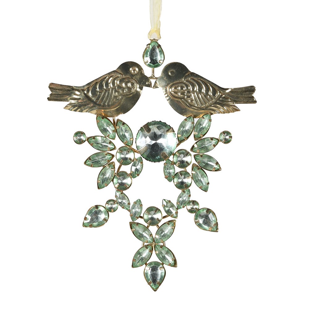 Green Rhinestone Kissing Birds Hanging Decoration 18cm | Annie Mo's
