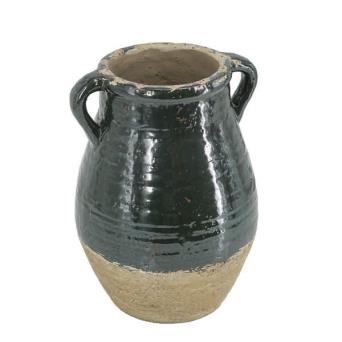 Aged Green Terracotta Vase with Handle 33cm