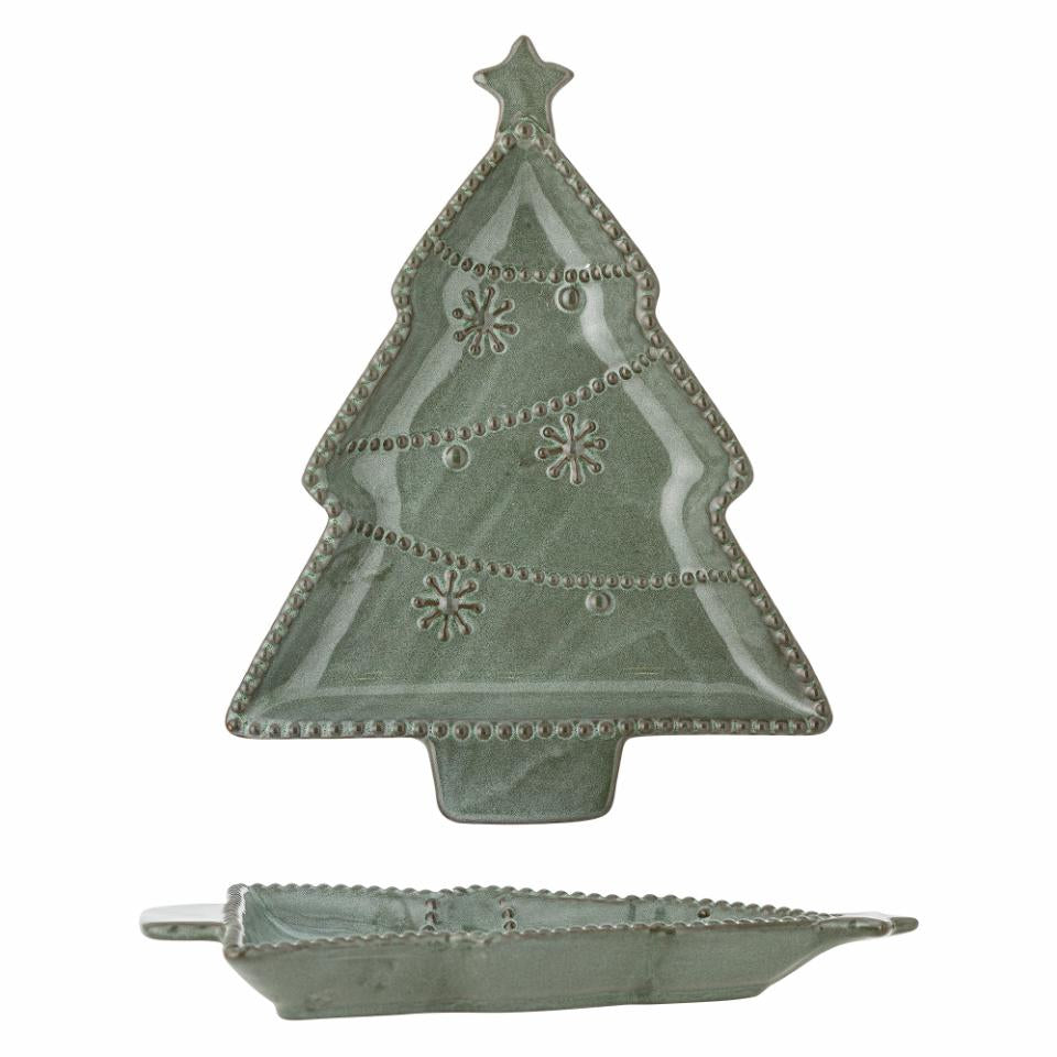 Green Glazed Stoneware Christmas Tree Serving Plate 24cm