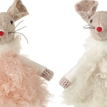 Two plush mouse toys with dresses on a white background
