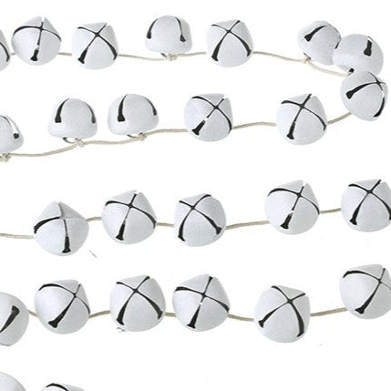 String of white jingle bells with black lines on a white background