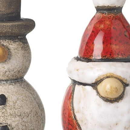 Two Christmas ornaments: a snowman and a Santa Claus figure, on a white background.