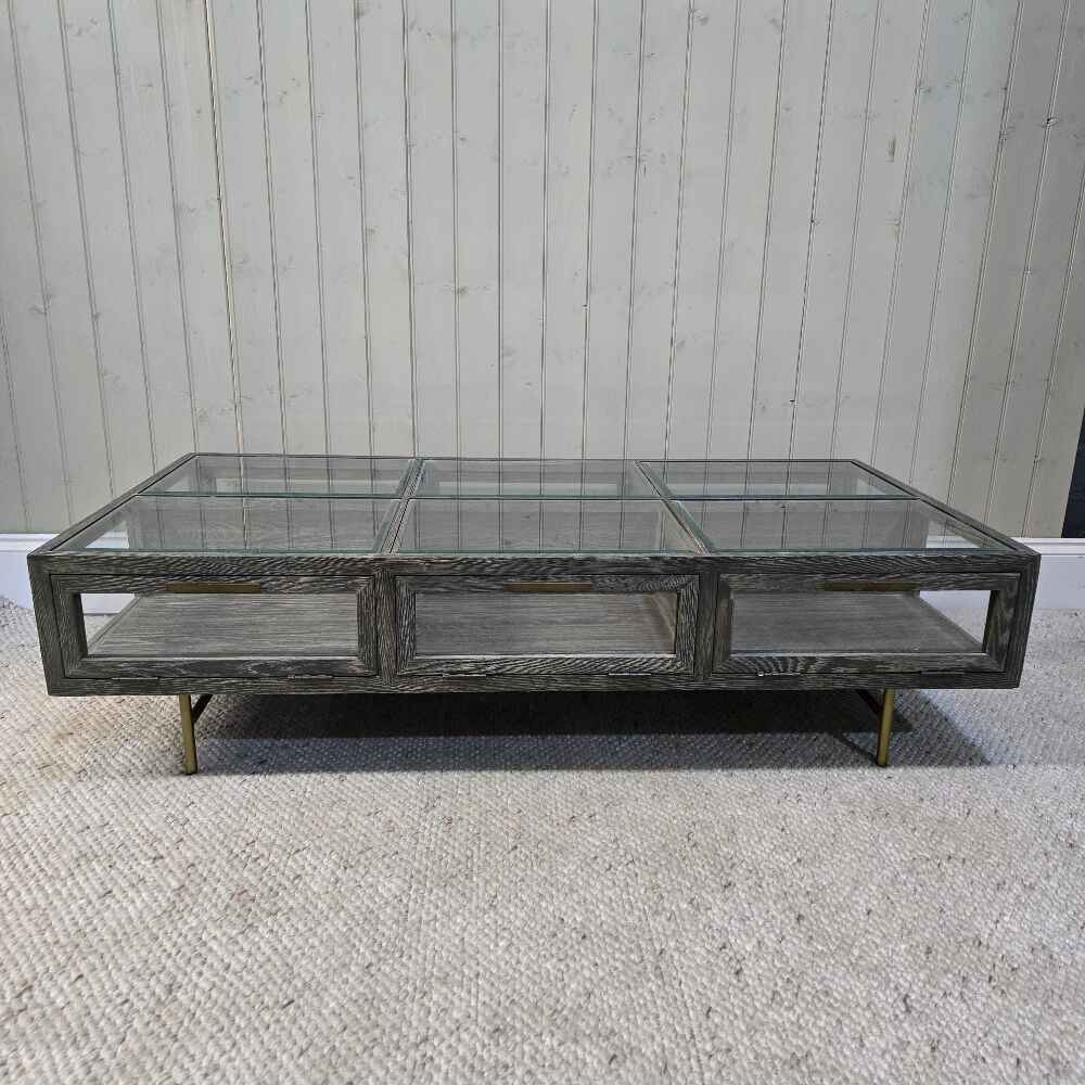 Iron and Oak Glass Coffee Table 136cm - CLEARANCE