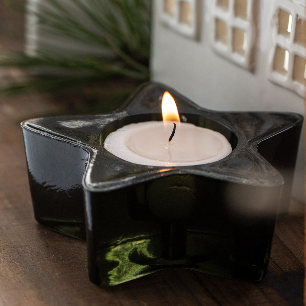 Dark Green Star Glass Candle for T Lights 9cm