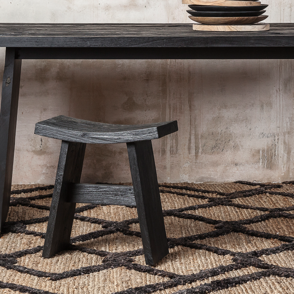 KING Solid U Shaped Black Reclaimed Teak Stool 45cm