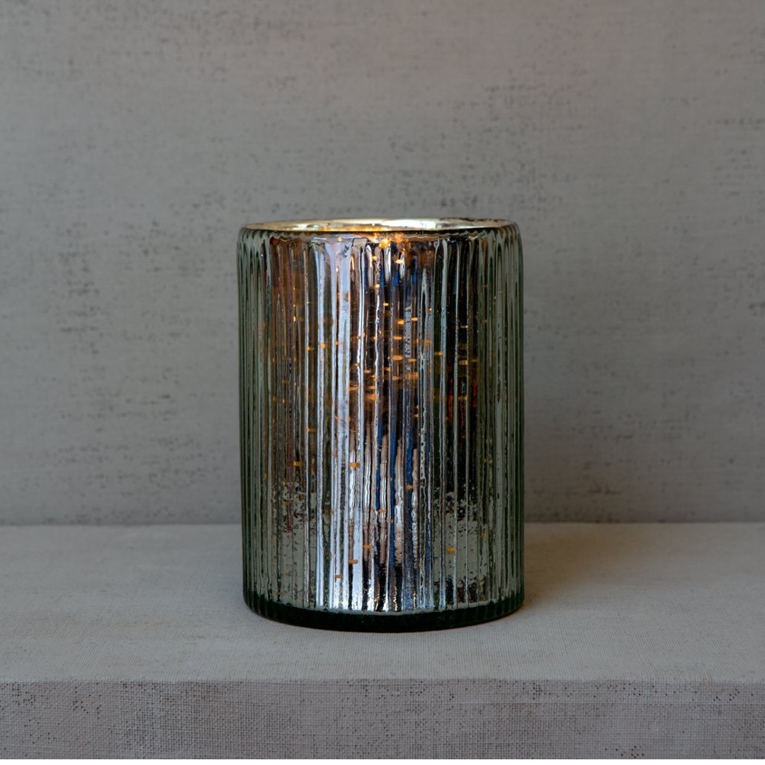 Ribbed Hurricane Glass Vintage Silver 17cm