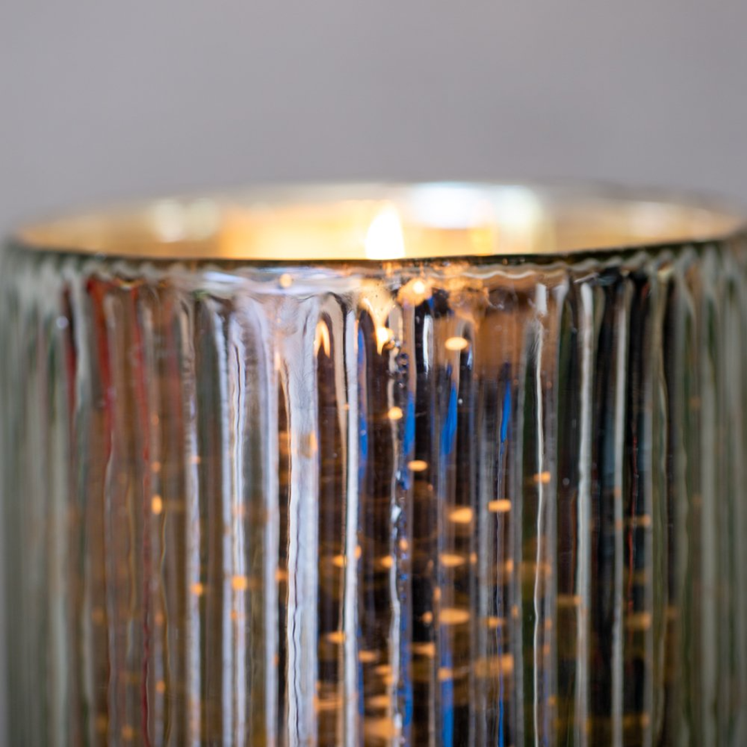 Ribbed Hurricane Glass Vintage Silver 17cm