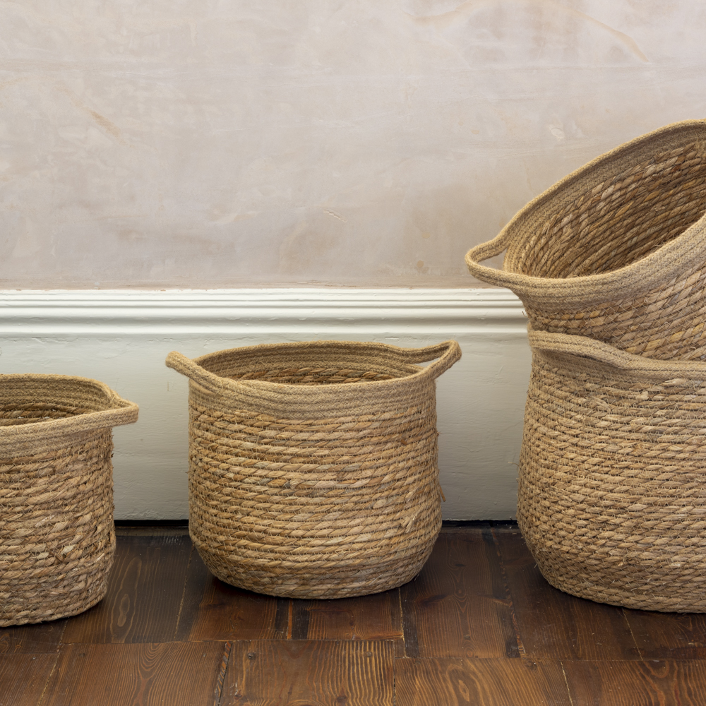 Set of Four Jute and Straw Baskets with Jute Rope Trim 34cm