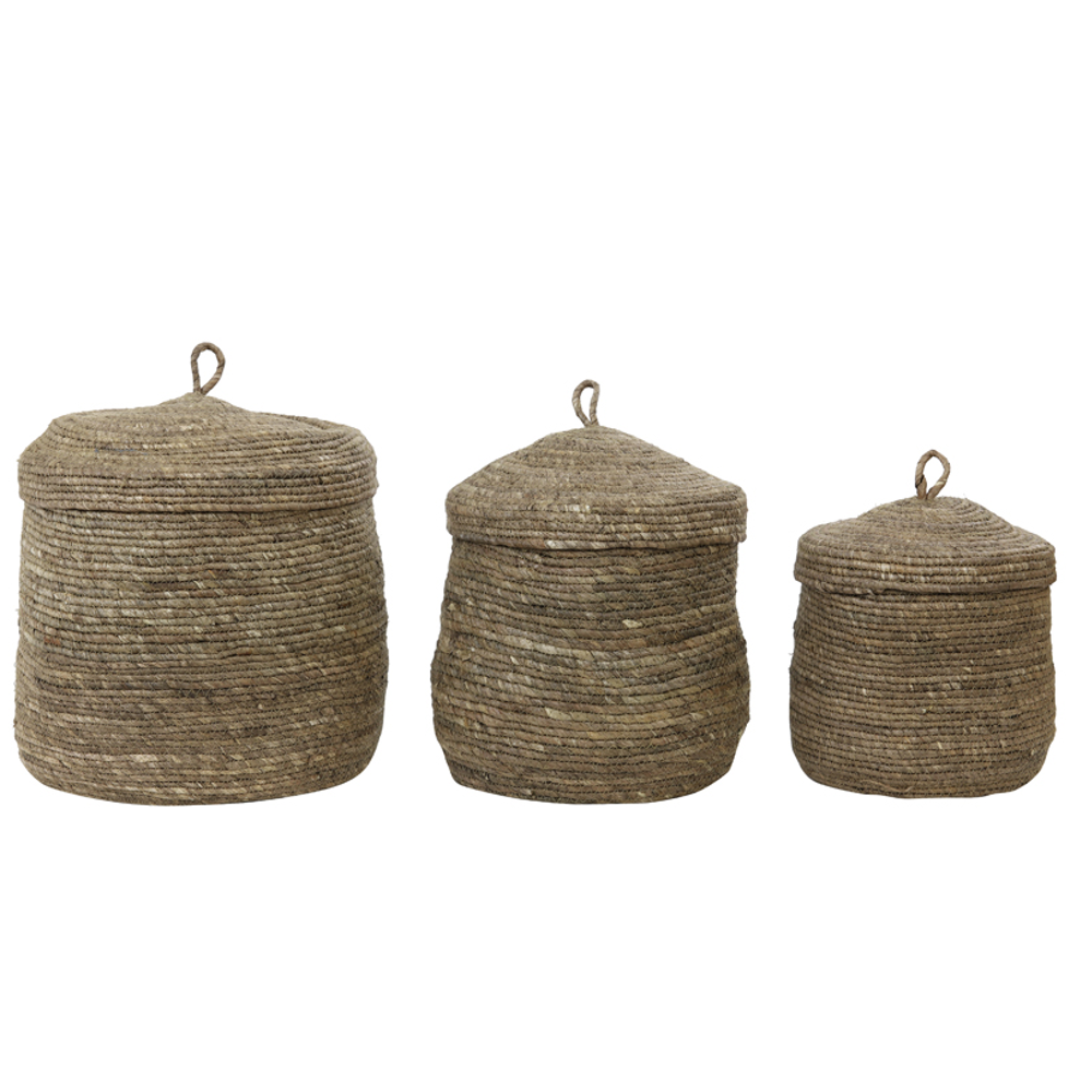 Set of Three Dark Brown Lidded Baskets 42cm
