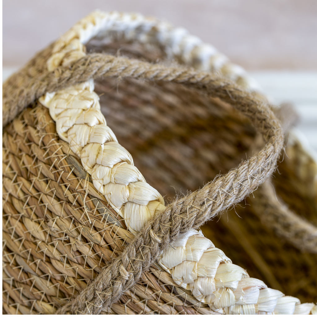 Set of Three Straw and Corn Basket with Cream Braid 32cm