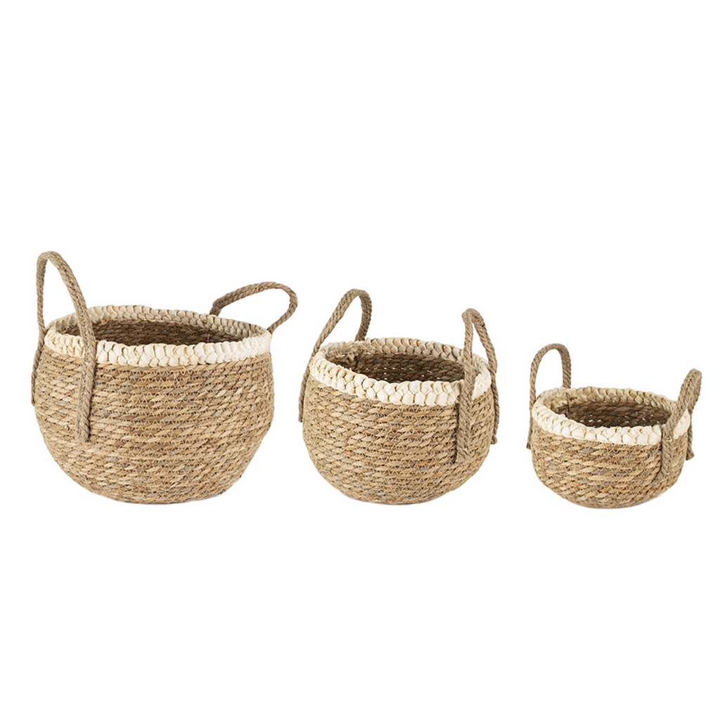 Set of Three Straw and Corn Basket with Cream Braid 32cm