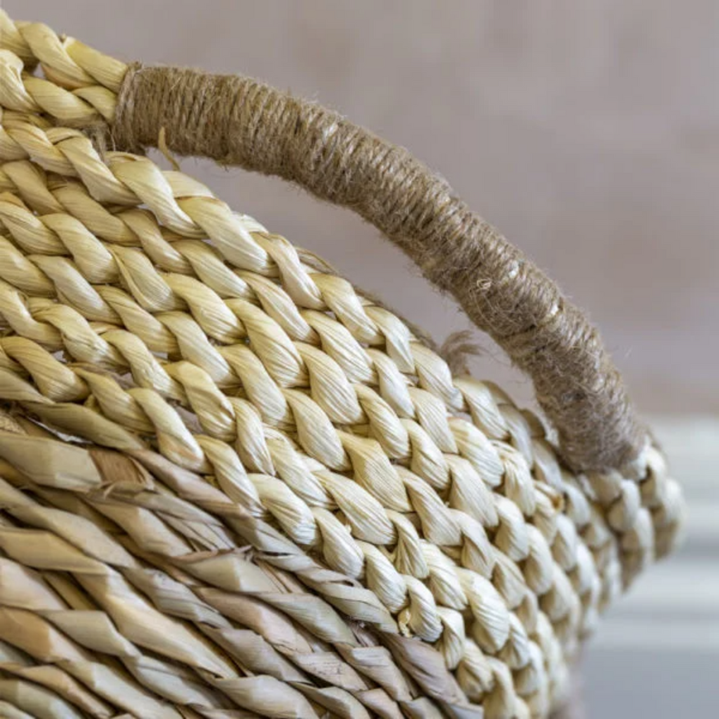 Set of Three Straw and Corn Basket with Cream Braid 32cm
