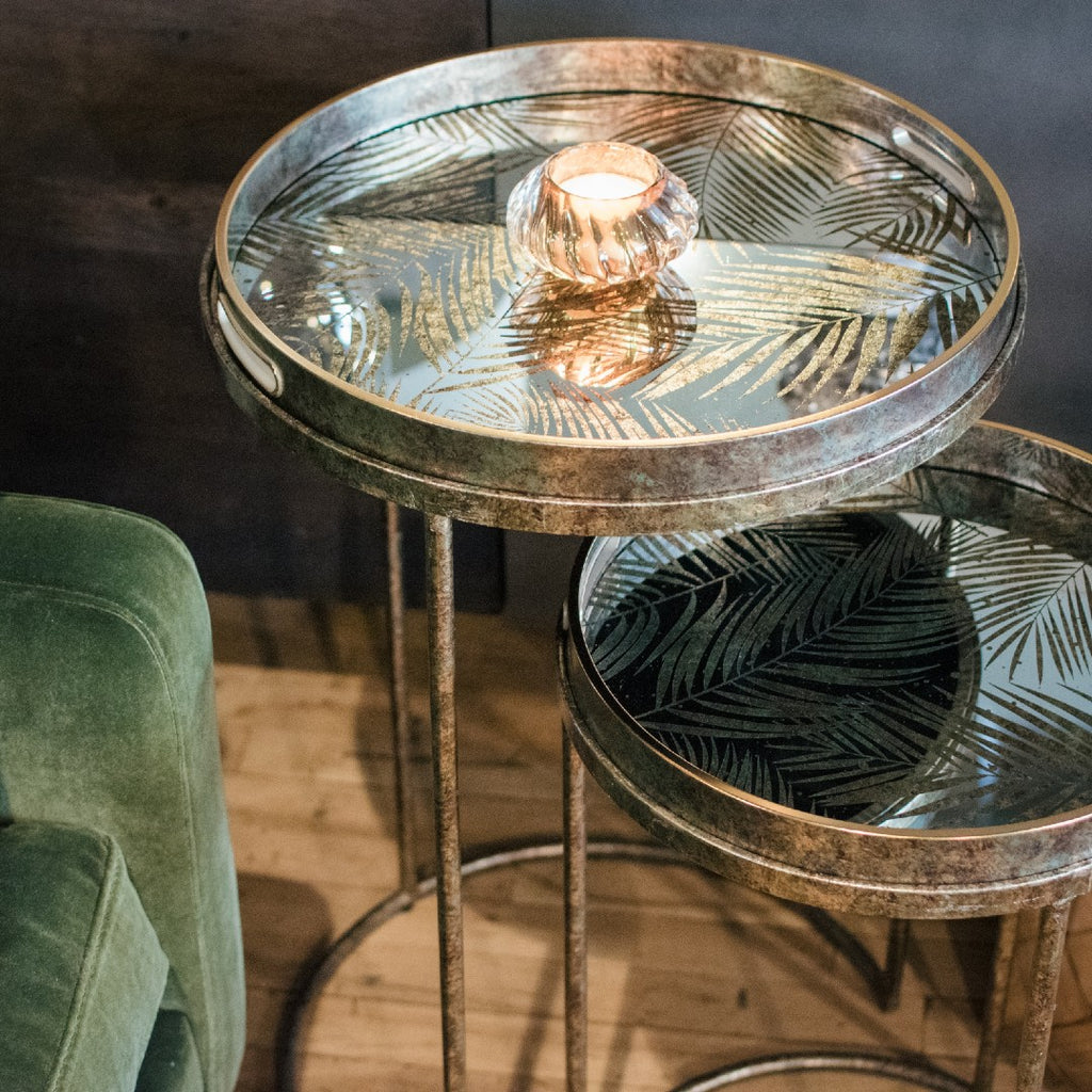Set of Two Mirrored Fern Pattern Tray Tables 59cm