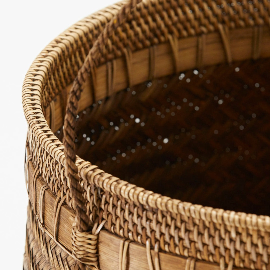 Set of Two Round Rattan and Bamboo Baskets