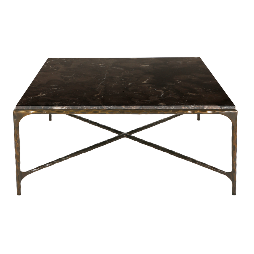 French Brown Marble and Antiqued Gunmetal Square Forged Coffee Table 90cm - CLEARANCE