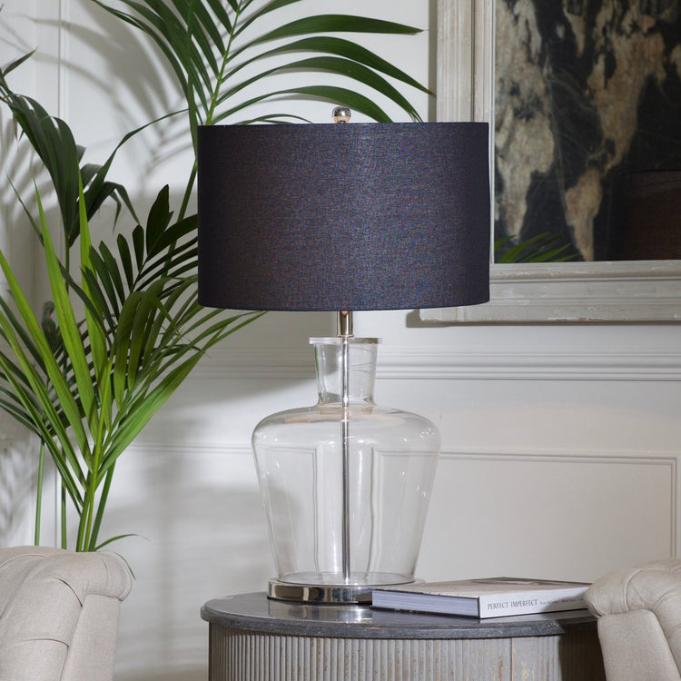 Glass Table Lamp on Metal Base with Linen Shade | Annie Mo's