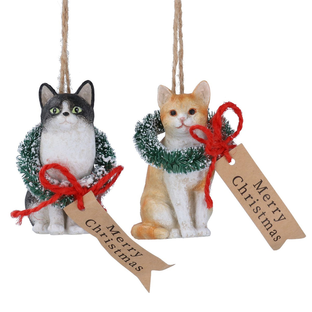Two Assorted Resin Cats with Wreath and Tag 7cm | Annie Mo's
