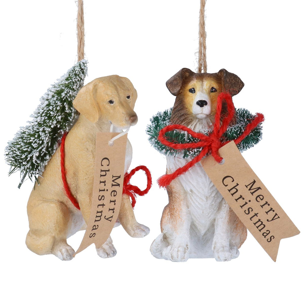 Two Assorted Resin Dogs with Wreath/Tree and Tag 9cm | Annie Mo's