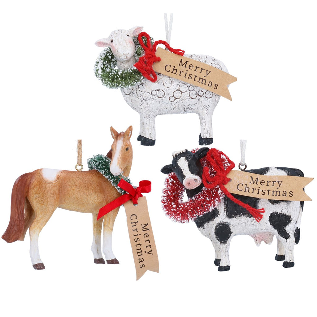 Three Assorted Resin Horse/Sheep/Cow with Wreath and Tag 10cm | Annie