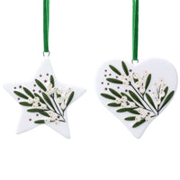 Two Assorted Ceramic Mistletoe Star and Heart Decs 7cm | Annie Mo's
