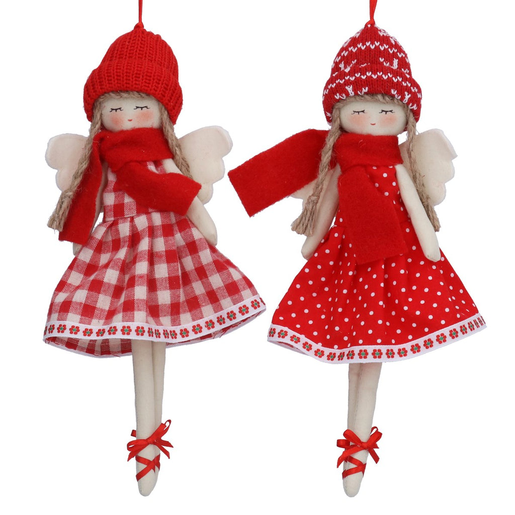 Set of Two Assorted Tall Fabric Angels with Gingham and Polka Dot 