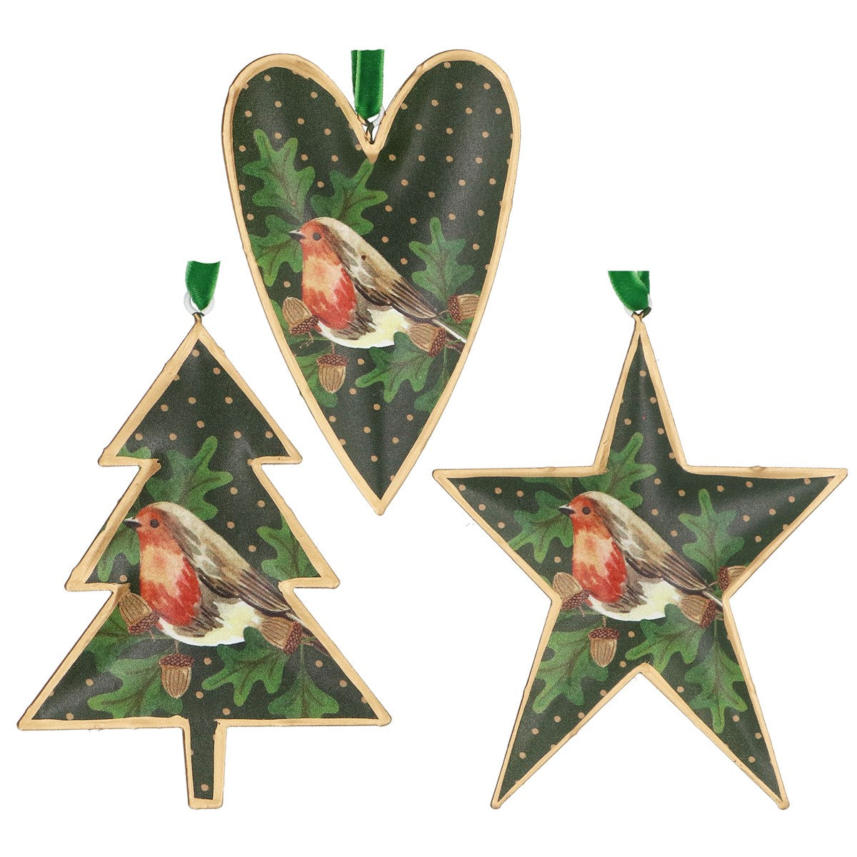 Three Assorted Tin Dec 12cm - Green/Robin on Sprig | Annie Mo's