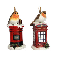 Two Assorted Resin Robin Decorations on Letter/Phone Box 9cm | Annie 