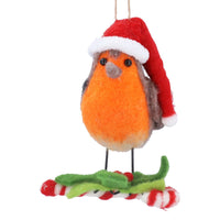 Santa Robin on Candy Cane Wool Dec 12cm | Annie Mo's
