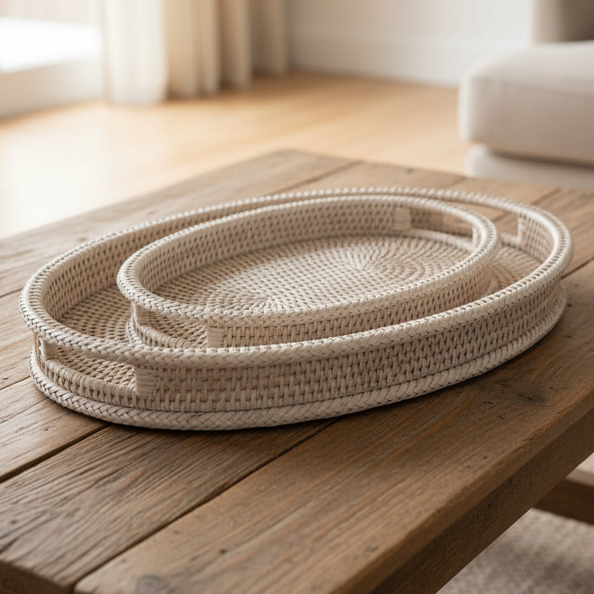 Artisan Weave Rattan Oval Trays with Double Rims - Size Choice