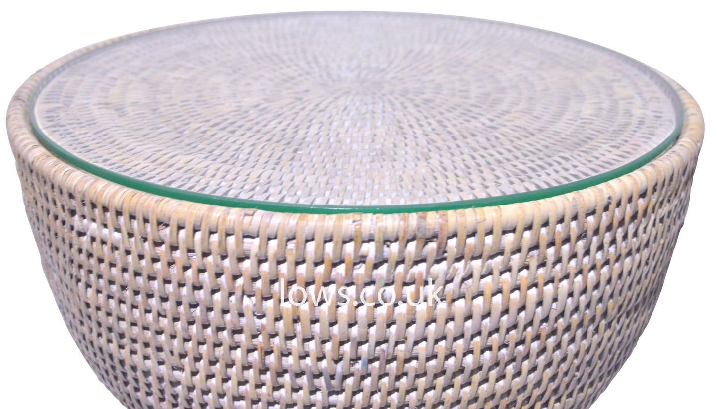 Natural White Wash Rattan Hour Glass Side Table with Glass Top 42cm