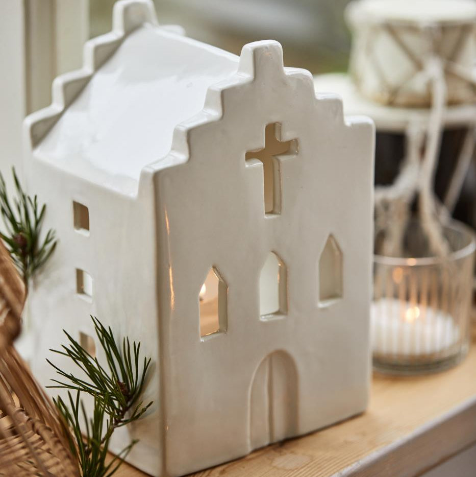 White Ceramic Church Tea Light Holder 19cm | Annie Mo's